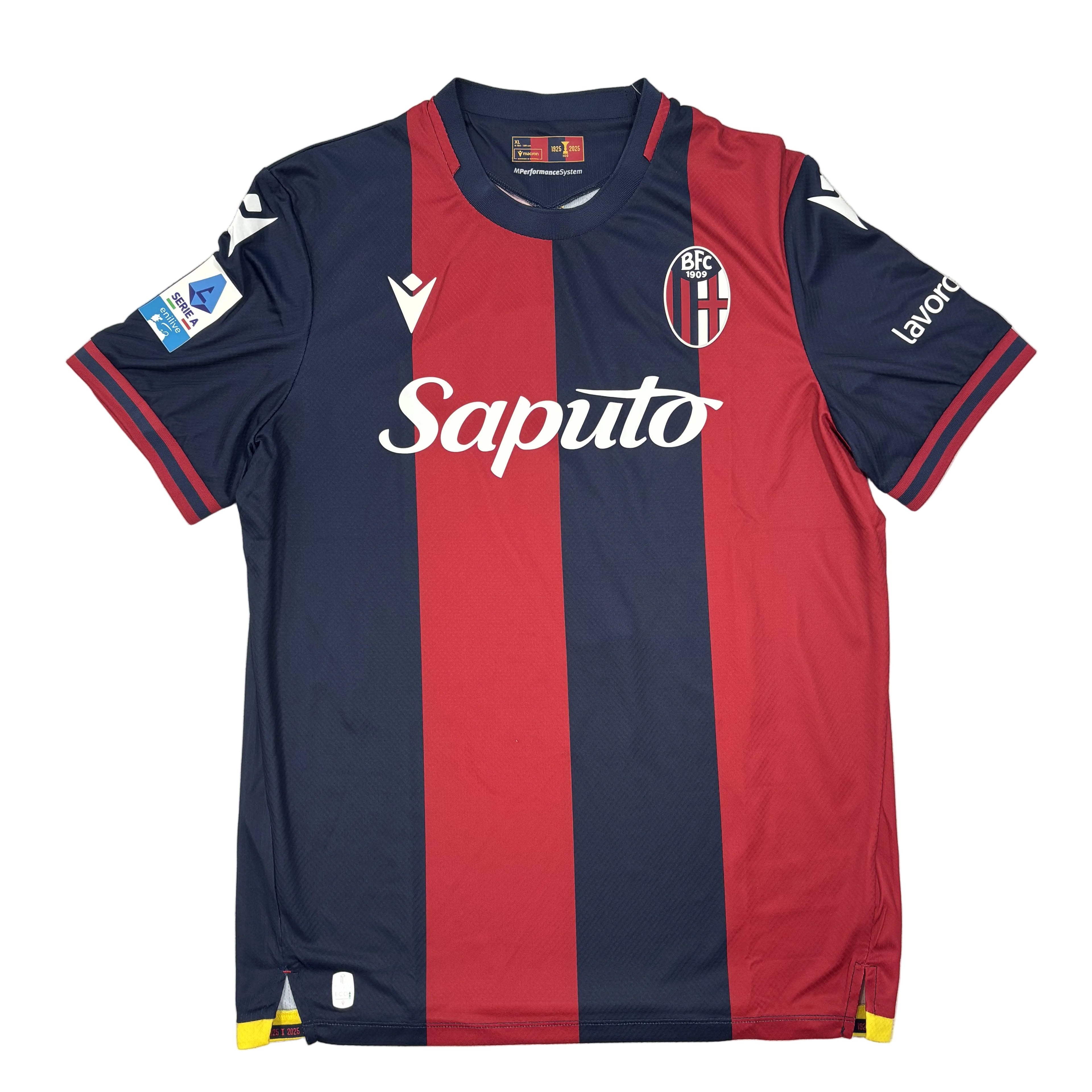 Red and navy striped sports jersey with 'Saputo' branding on a white background
