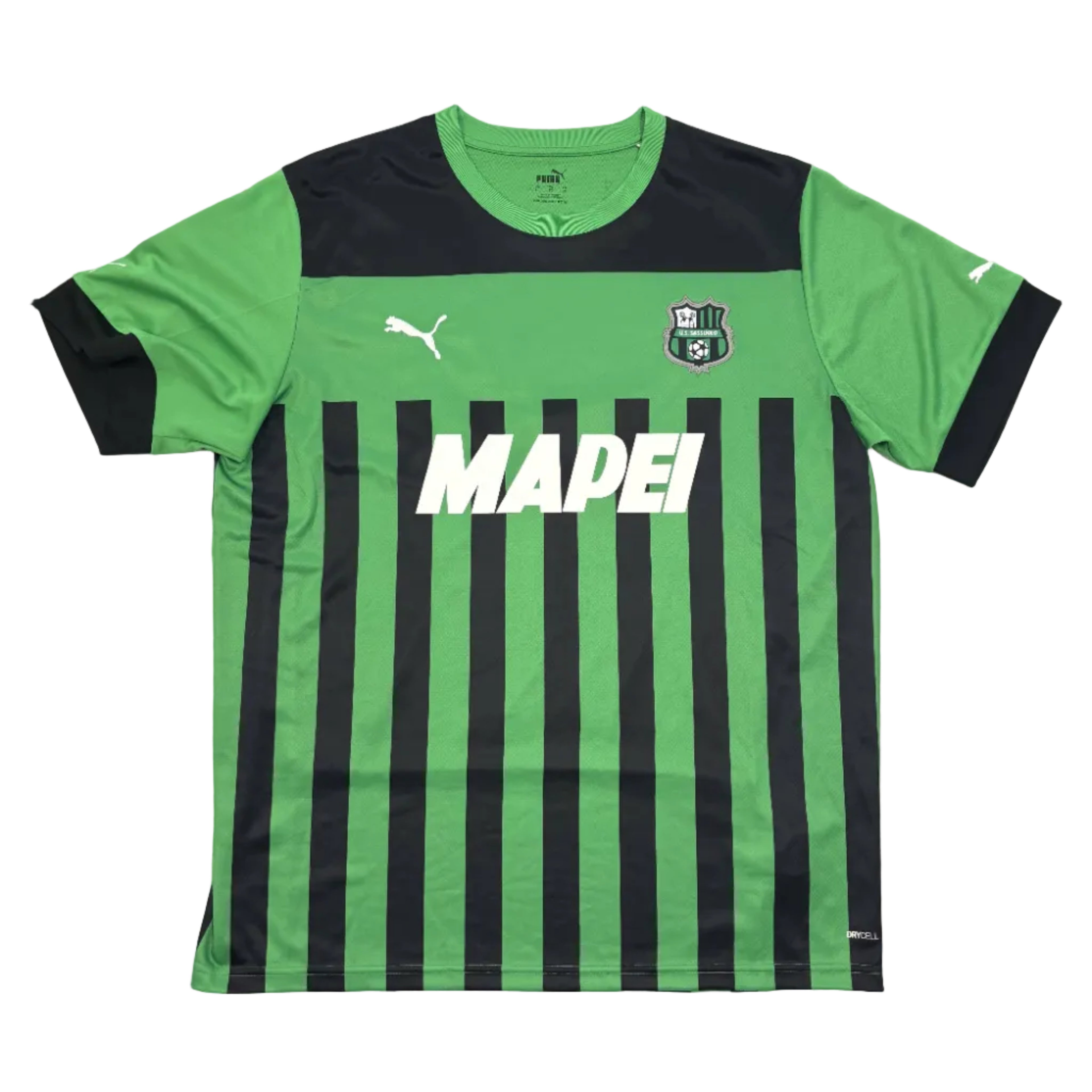 Green and black striped sports jersey with 'MAPEI' branding on a white surface.