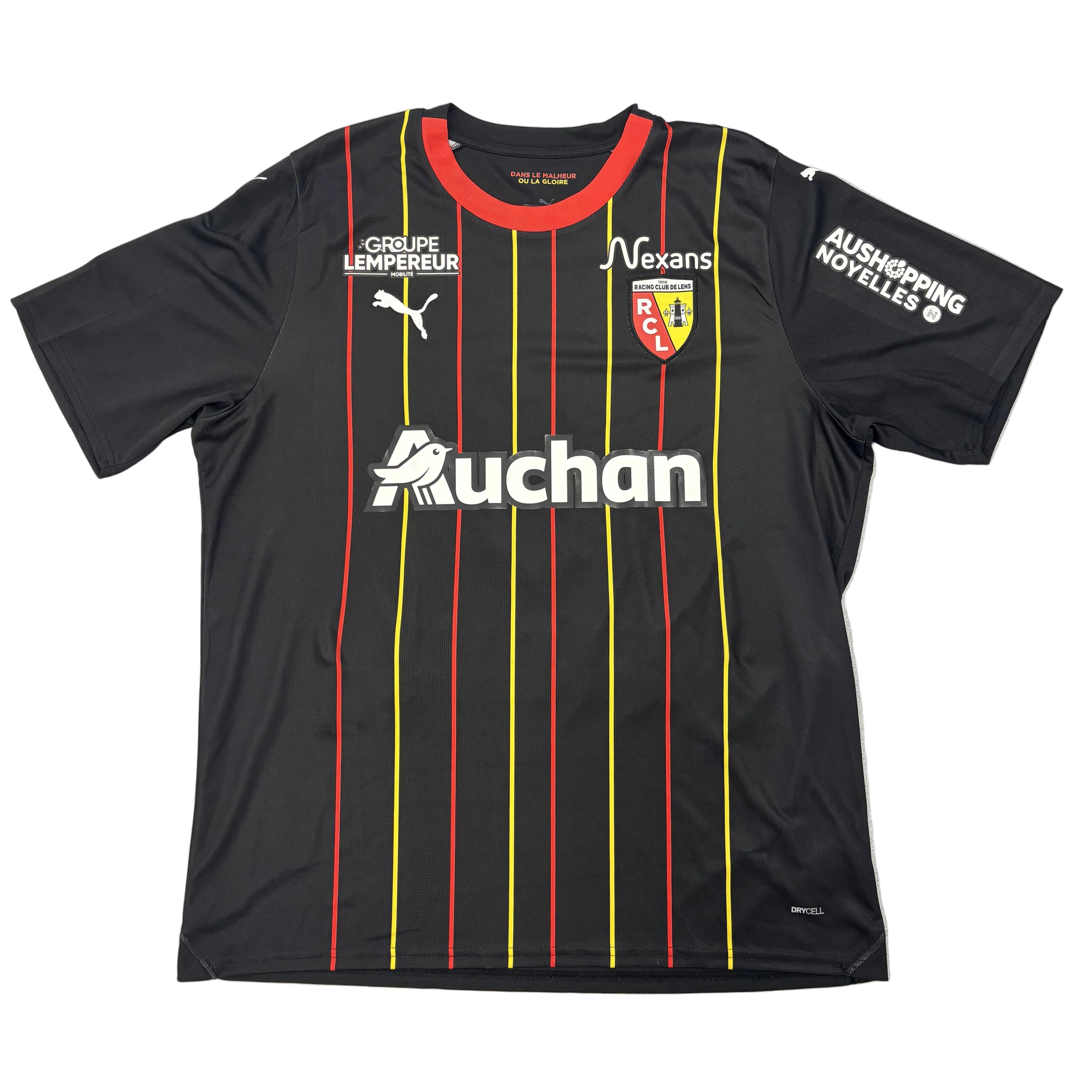 Black sports jersey with red and yellow stripes and various logos on a white background