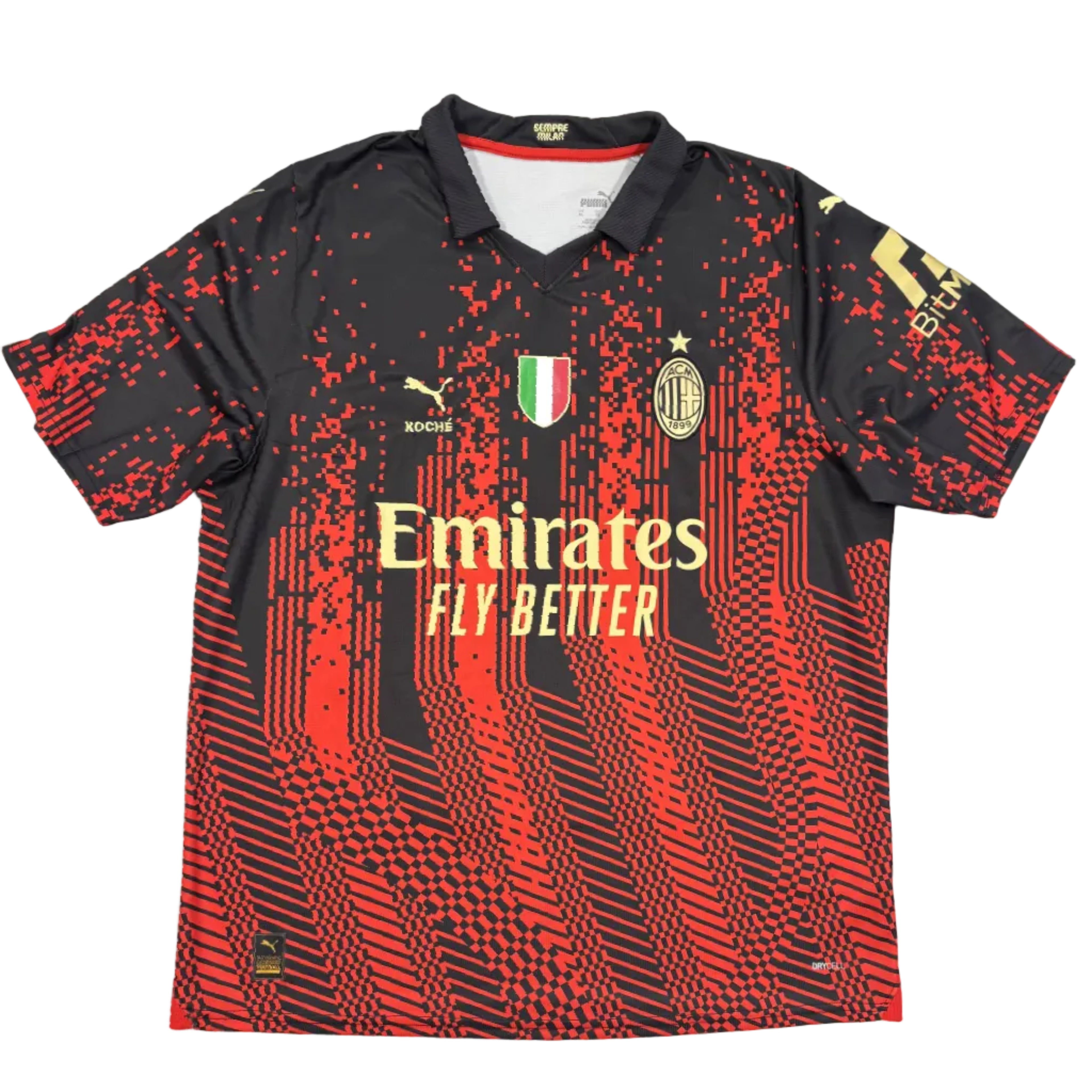 Black and red sports jersey with Emirates logo on a white surface