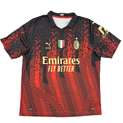 Black and red sports jersey with Emirates logo on a white surface