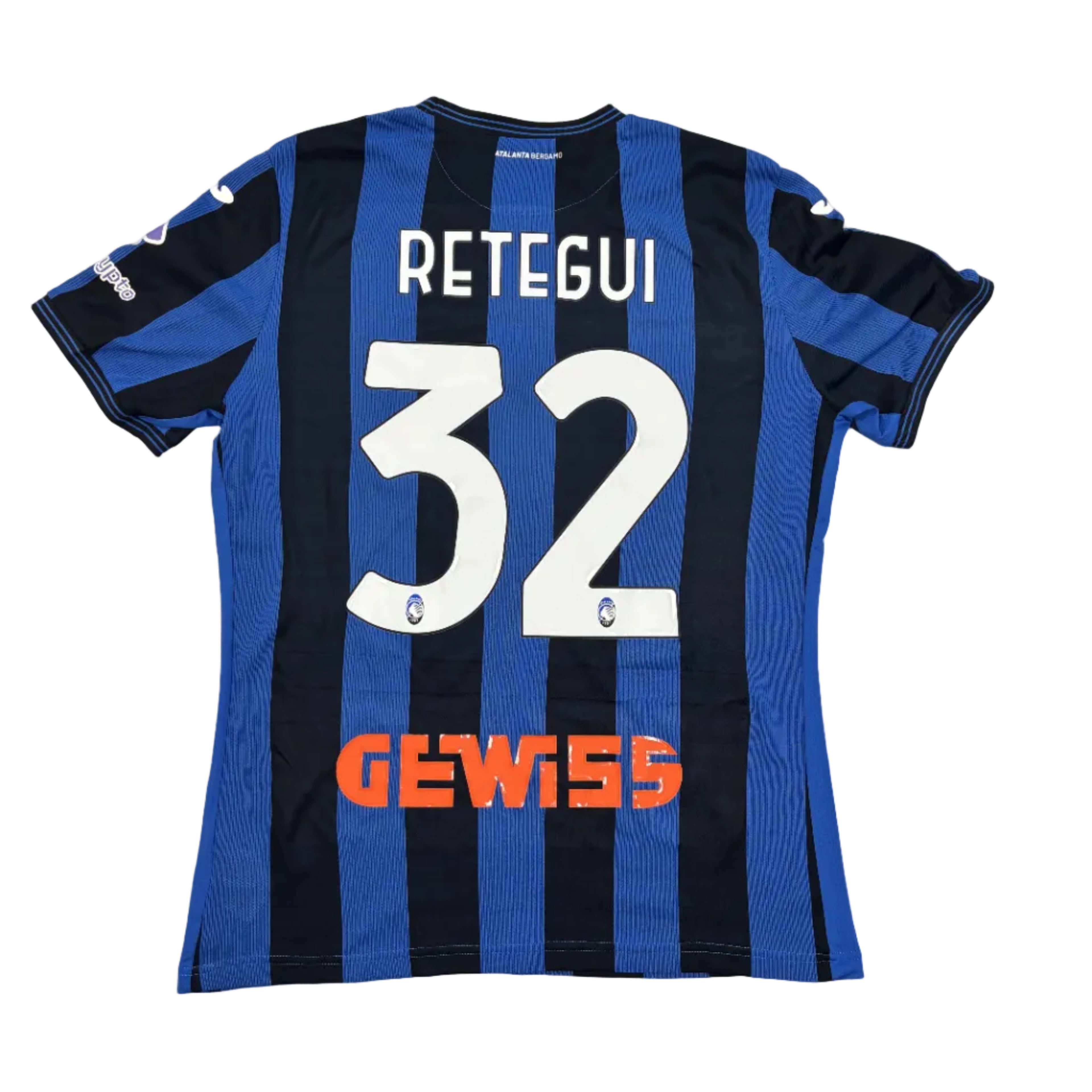 Blue and black striped sports jersey with 'RETEGUI 32' and 'GEWISS' on a round surface.
