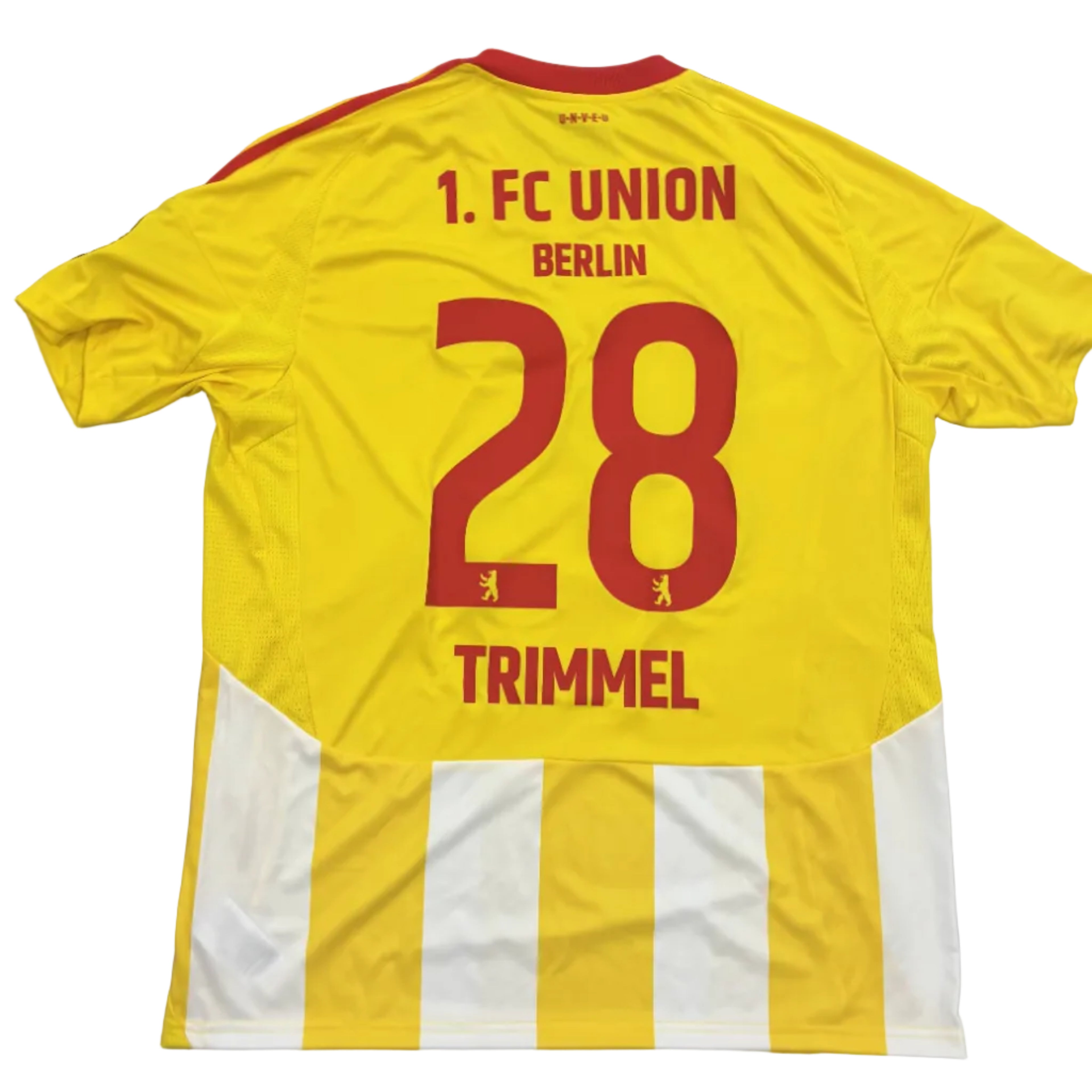 Yellow sports jersey with red text on a gray surface