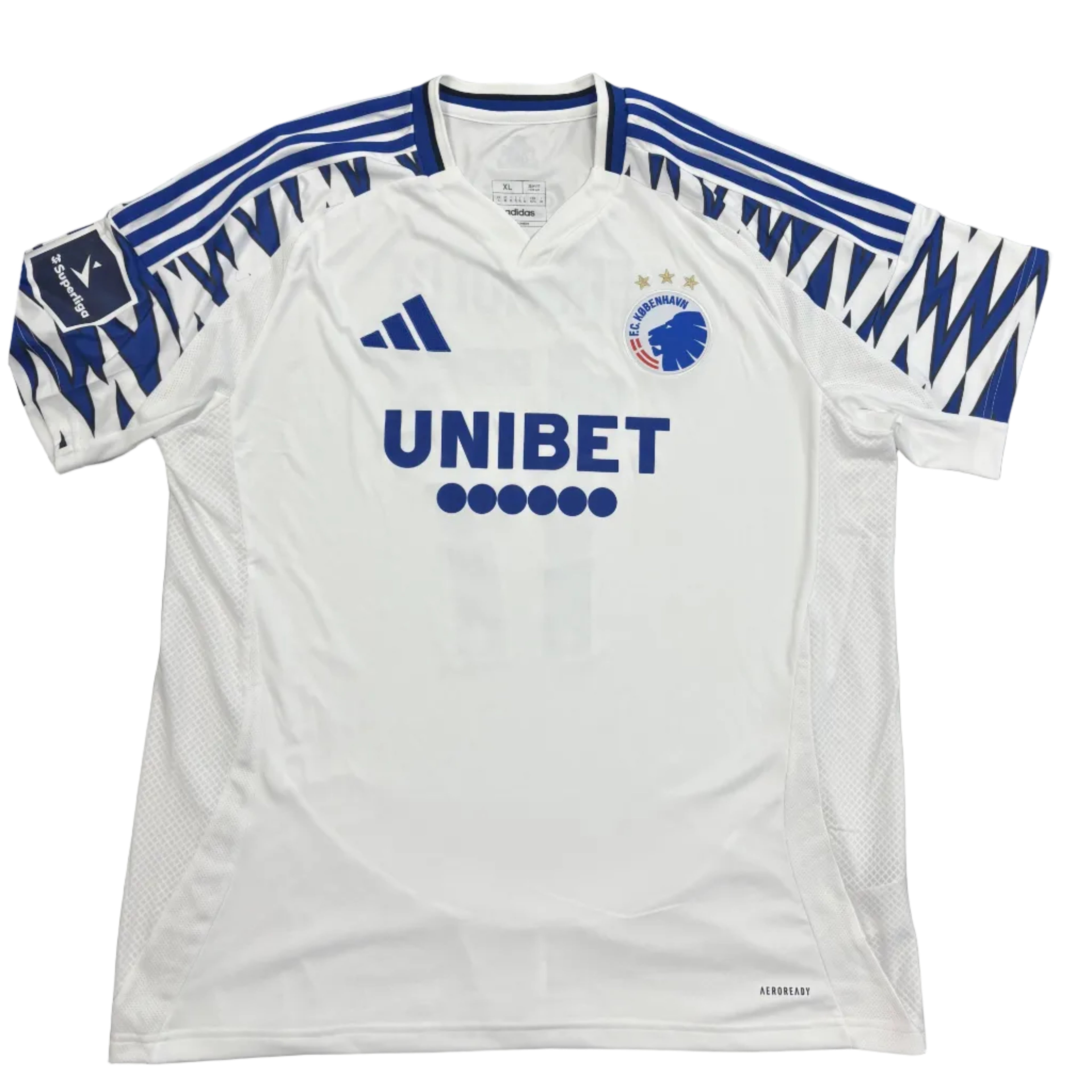 White sports jersey with blue accents and 'UNIBET' branding on a gray surface.
