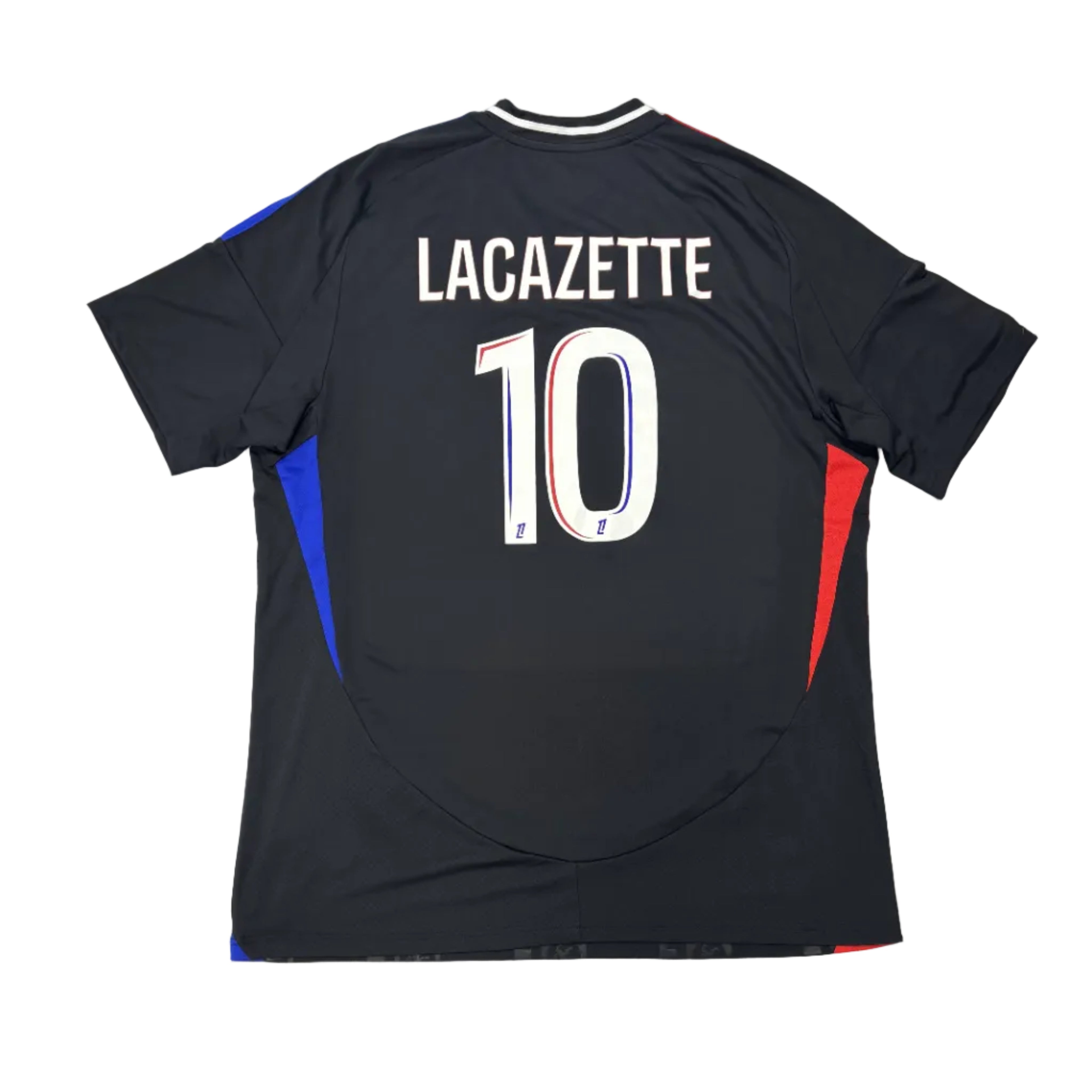 Black sports jersey with 'LACAZETTE' and number '10' on a round white table.