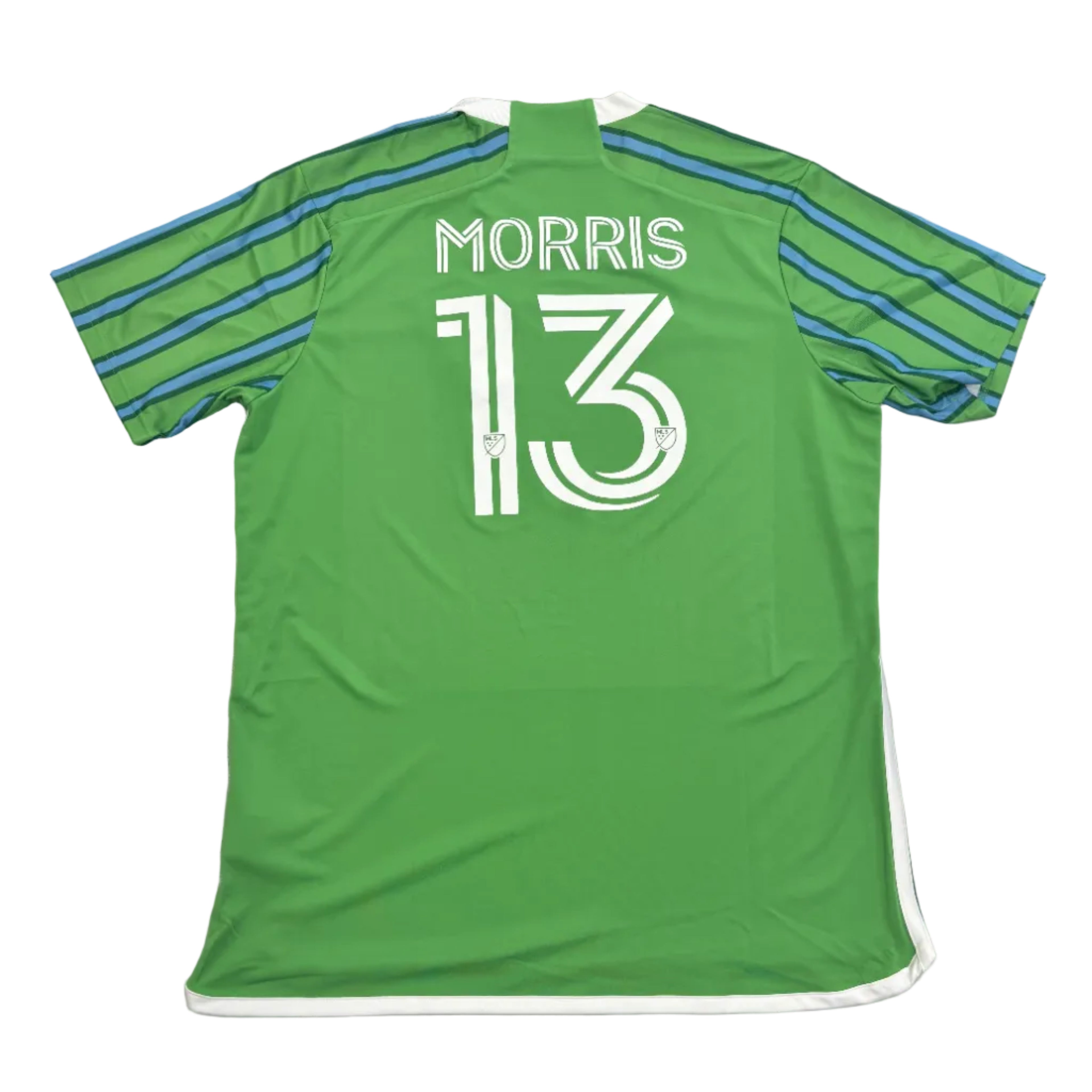 Green sports jersey with 'Morris 13' printed on it, displayed on a round gray surface.