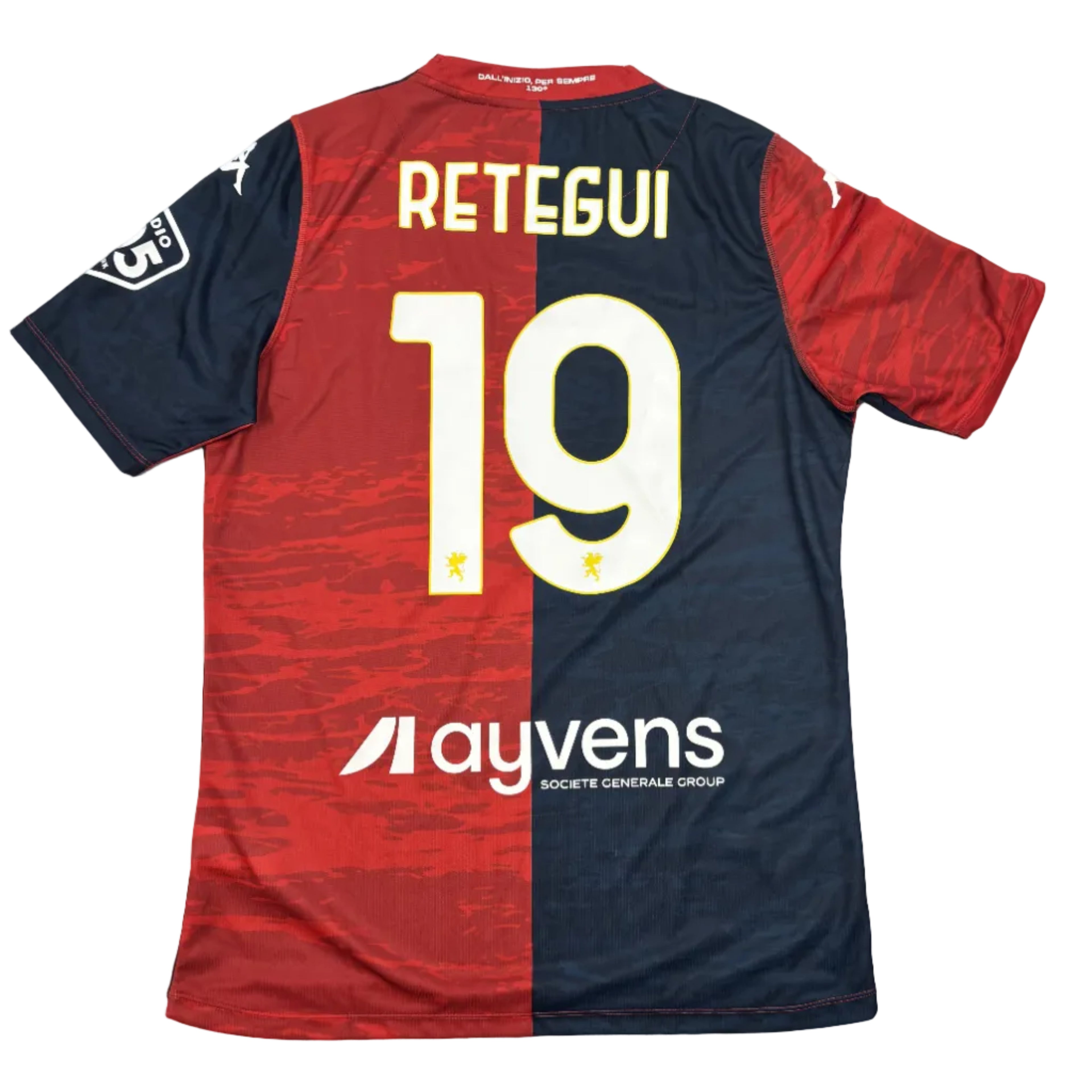 Red and navy sports jersey with 'Retegui' and number '19' on a white surface.