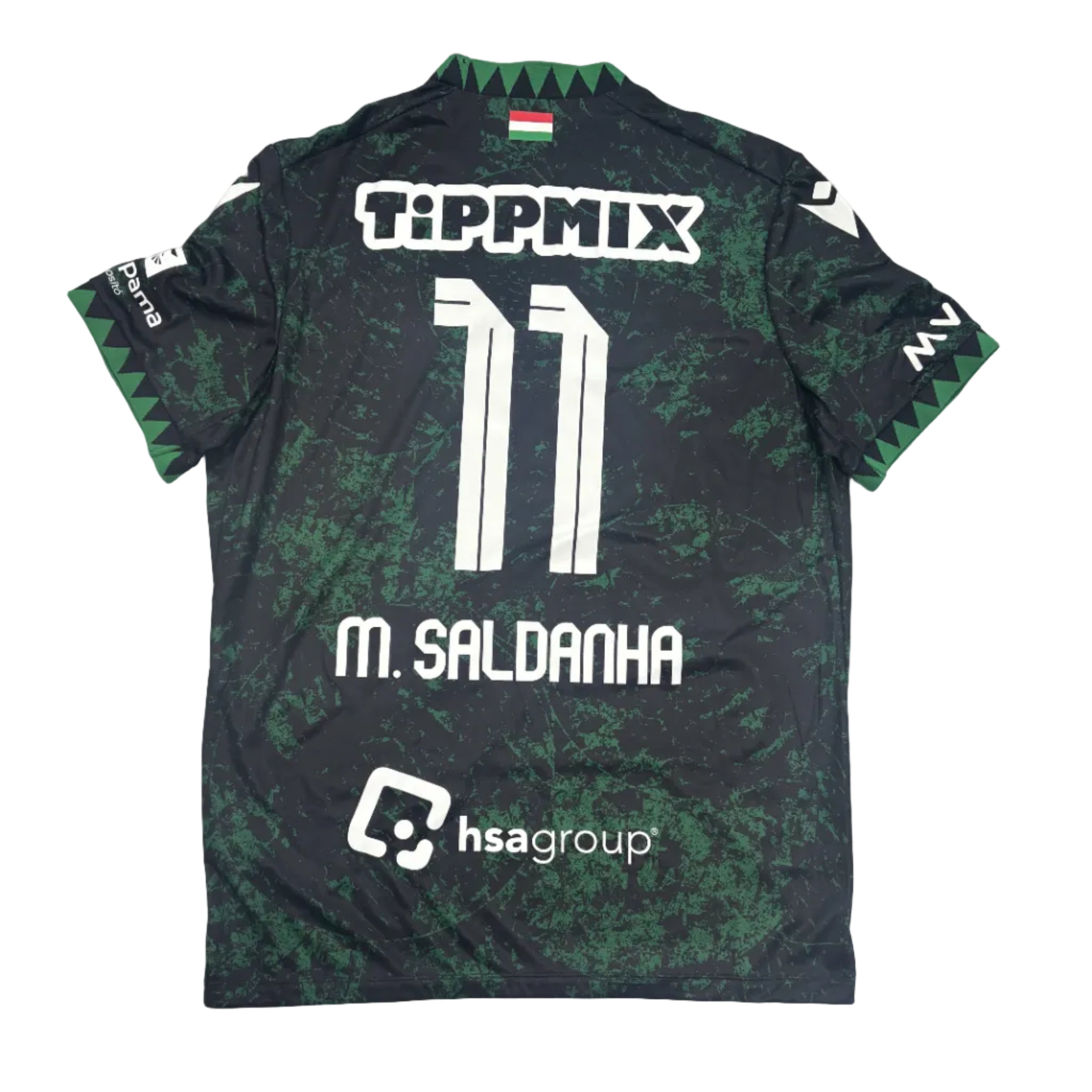 Green sports jersey with branding and player name on a white surface