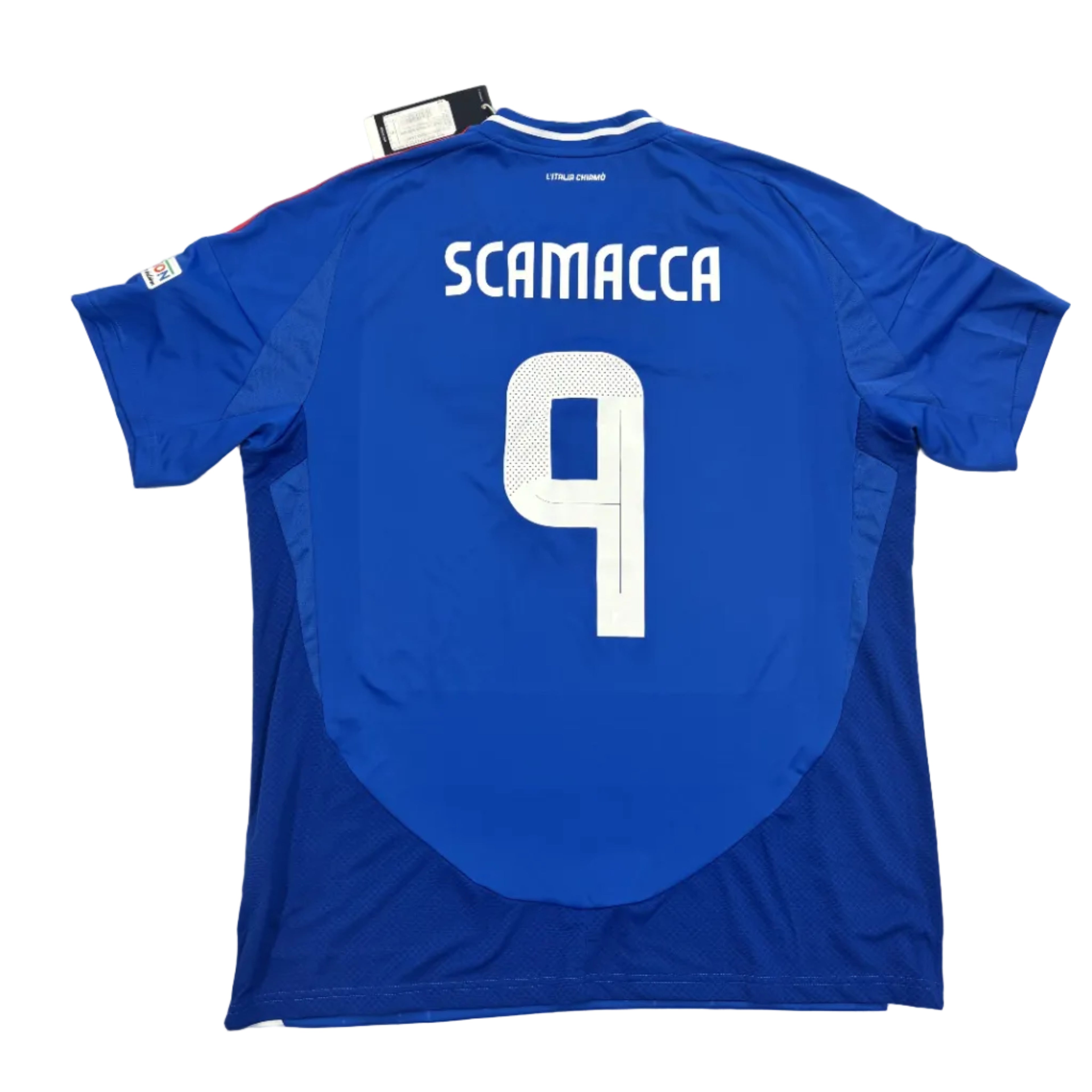 Blue sports jersey with 'SCAMACCA' and number '9' on a white surface