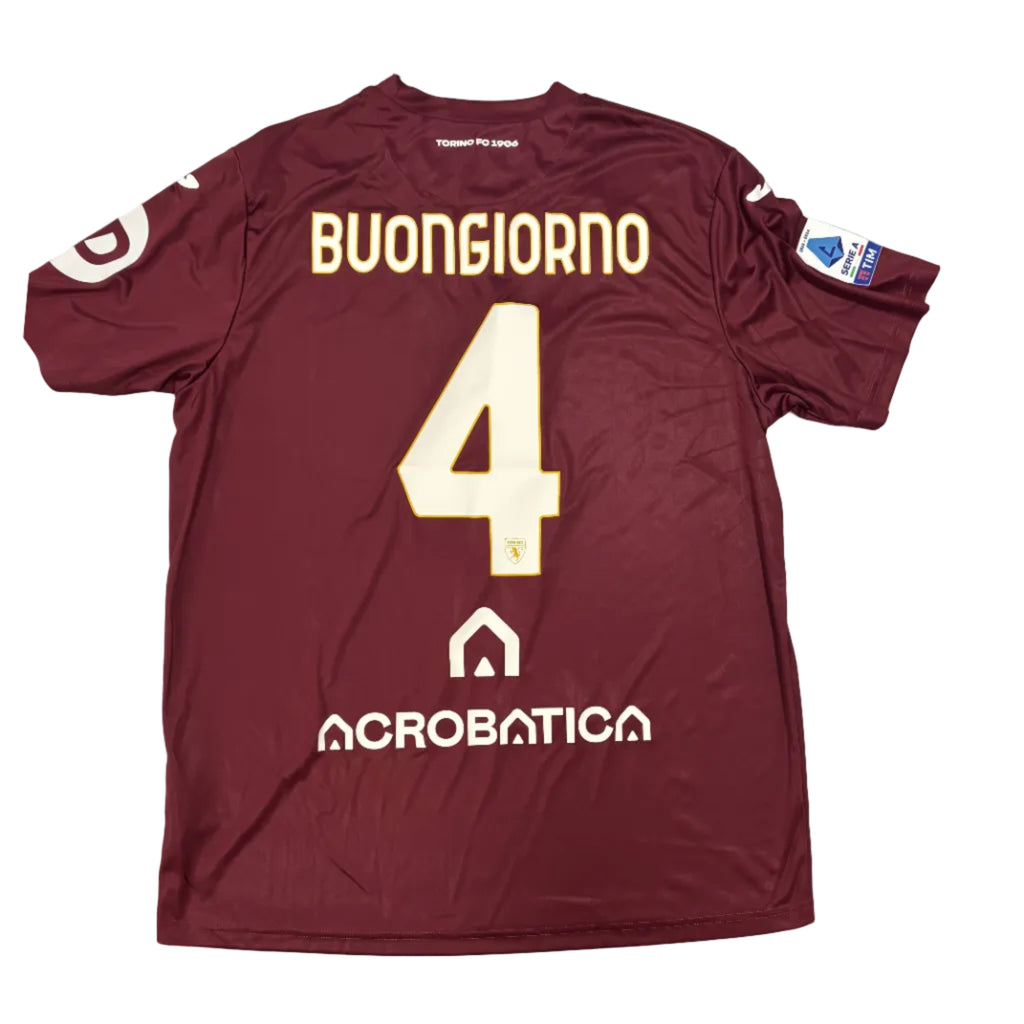Maroon sports jersey with 'BUONGIORNO' and number '4' on a white surface