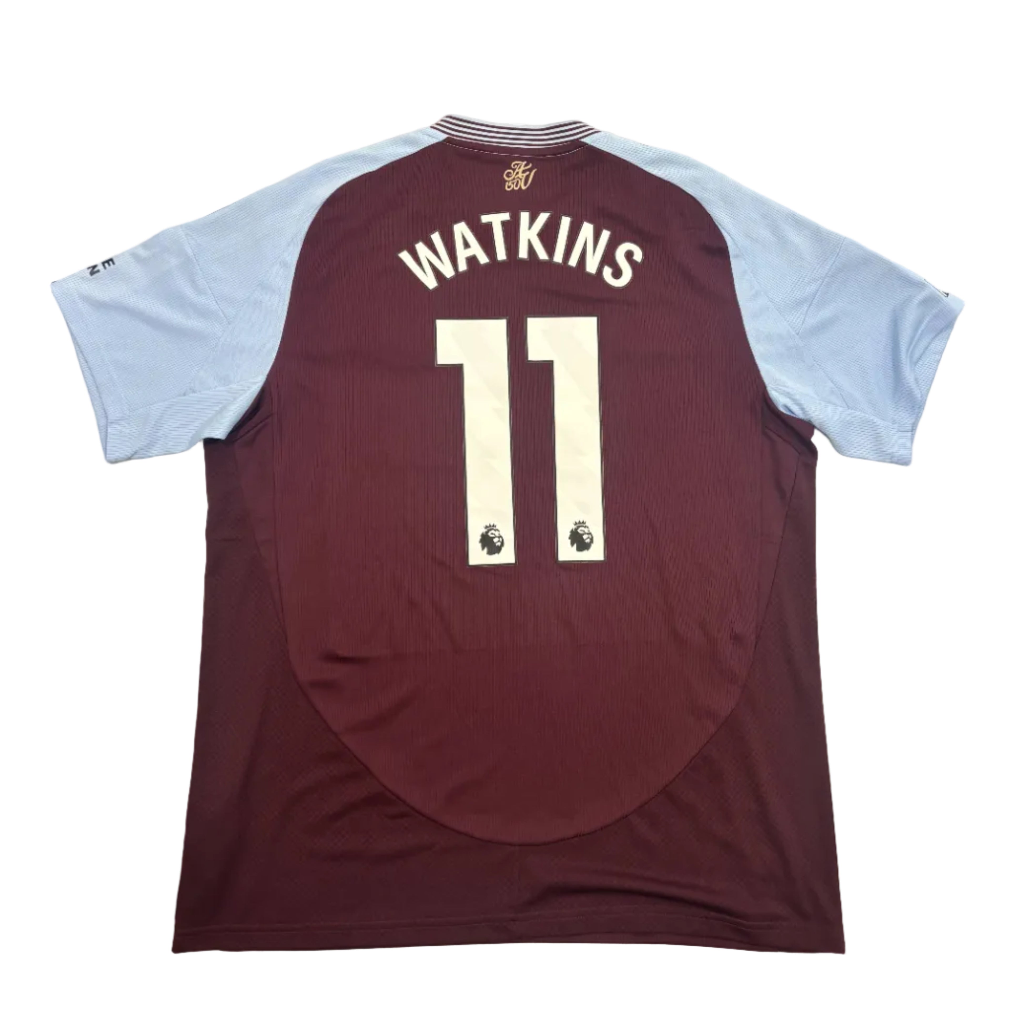Maroon sports jersey with light blue sleeves and 'Watkins 11' printed on a round surface.